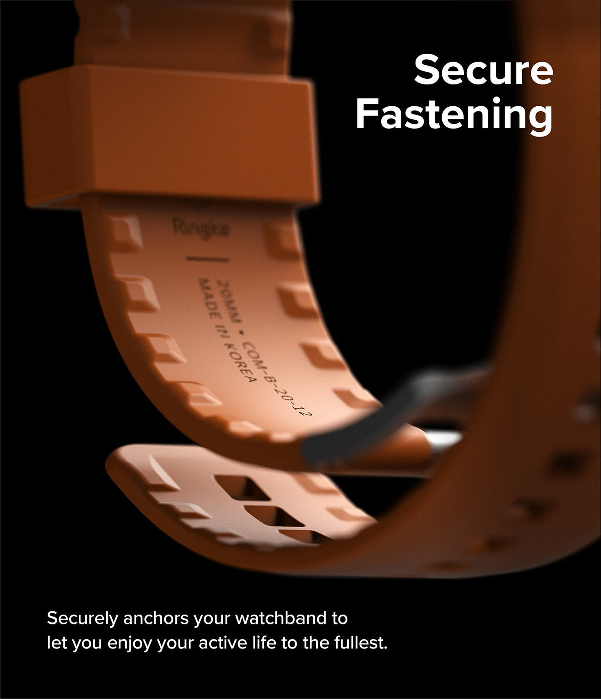 Apple Watch 49·46·45·44·42mm | Rubber One Bold Band - Close-up of an orange rubber watch band with secure fastening.