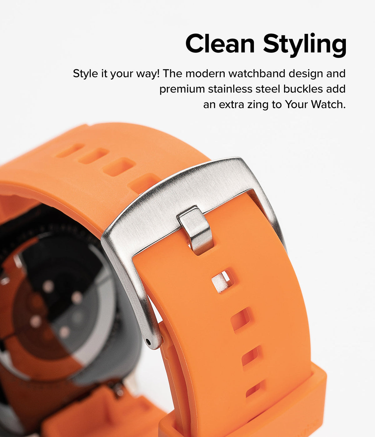 Apple Watch 49·46·45·44·42mm | Rubber One Bold Band - Apple Watch Rubber One Bold Band - Close-up of a bright orange silicone watch band featuring a brushed stainless steel buckle.