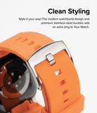 Apple Watch 49·46·45·44·42mm | Rubber One Bold Band - Apple Watch Rubber One Bold Band - Close-up of a bright orange silicone watch band featuring a brushed stainless steel buckle.