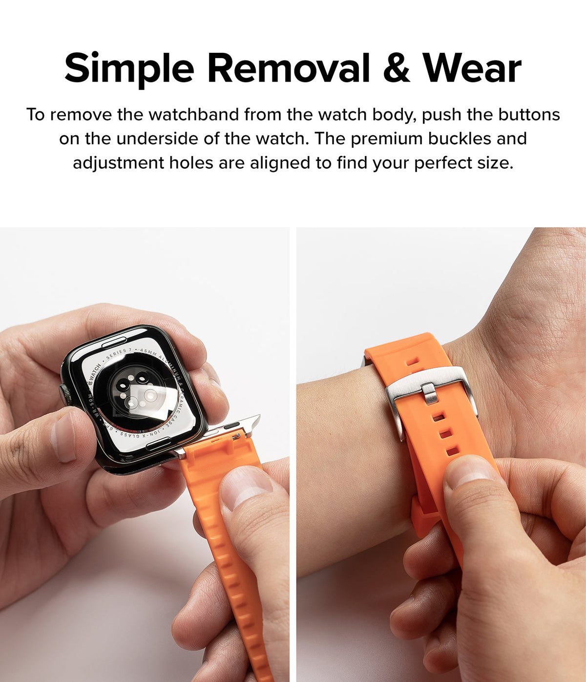 Apple Watch 49·46·45·44·42mm | Rubber One Bold Band - Hands attaching an orange rubber band to an Apple Watch.