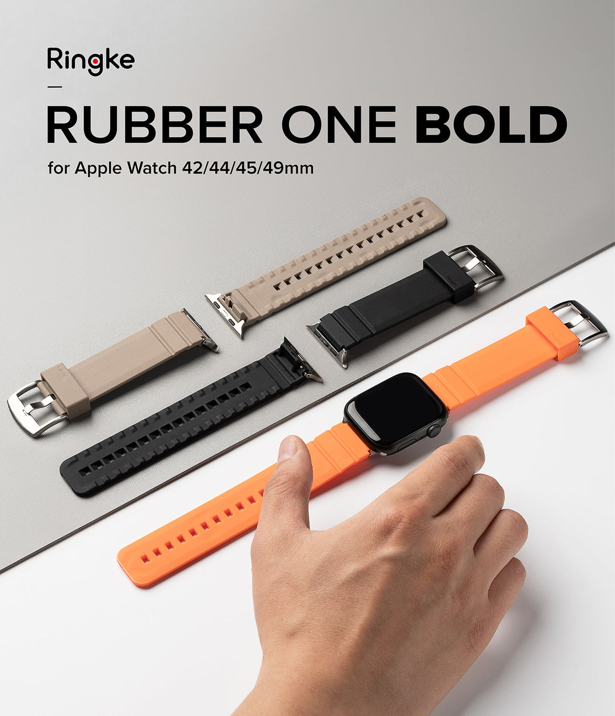 Apple Watch 49·46·45·44·42mm | Rubber One Bold Band - Four rubber watch bands in beige, black, and orange with an Apple Watch.