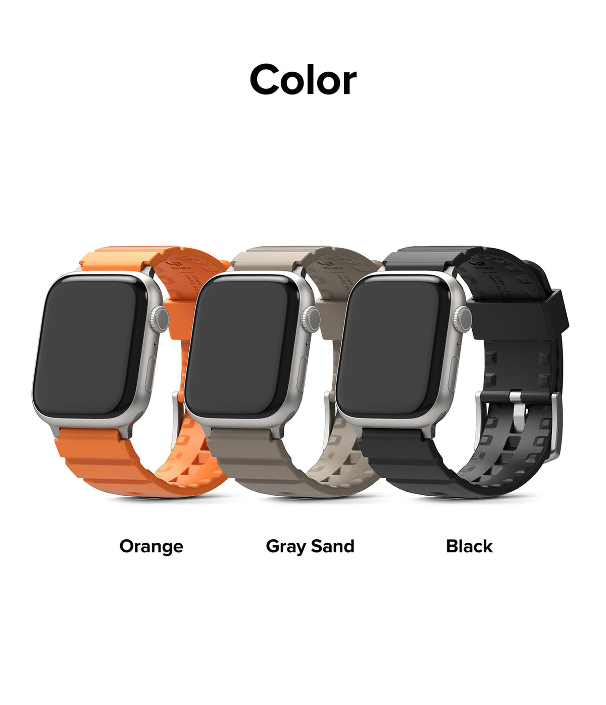 Apple Watch 49·46·45·44·42mm | Rubber One Bold Band - Three Apple Watches with orange, gray sand, and black bands.