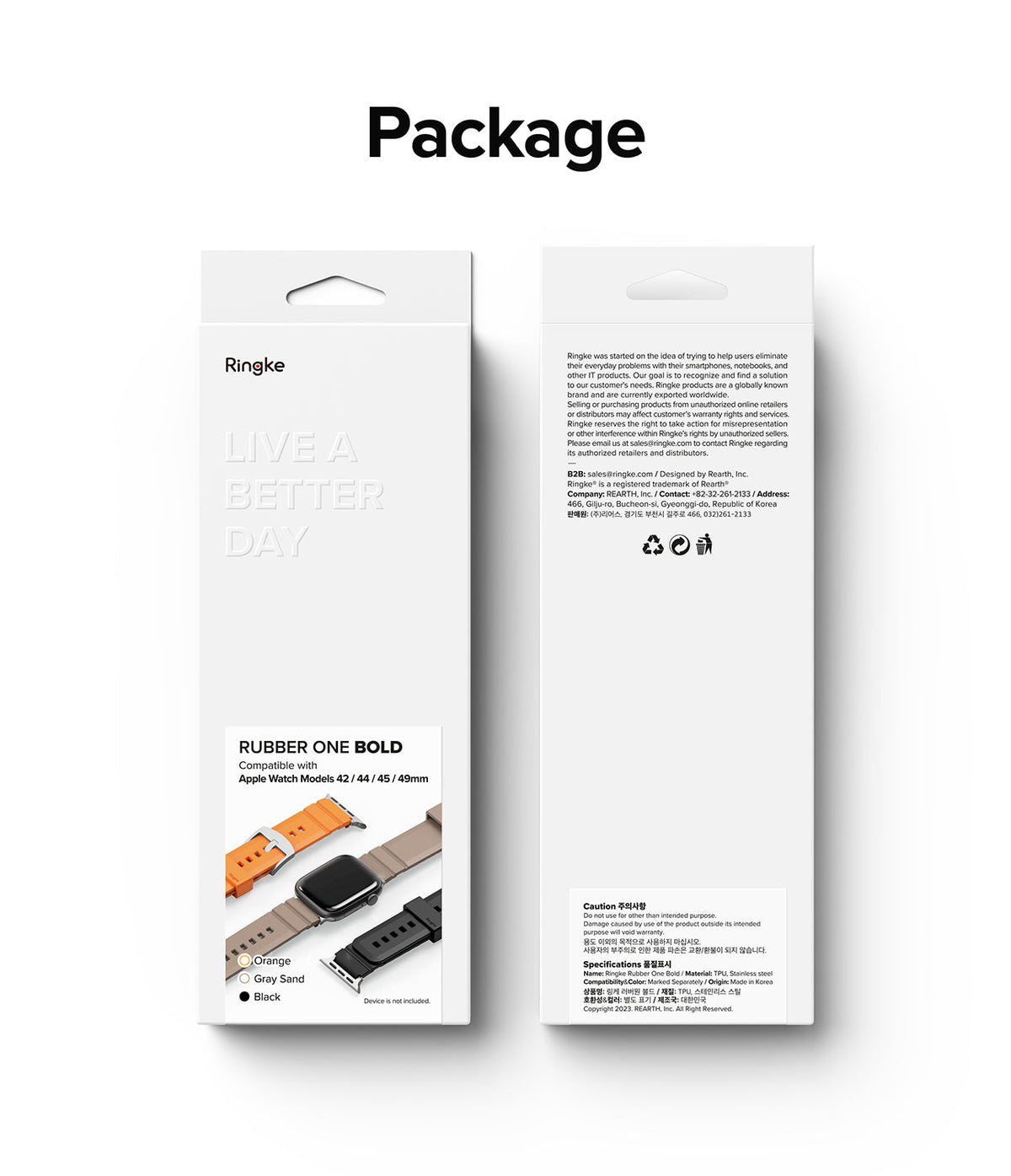 Apple Watch 49·46·45·44·42mm | Rubber One Bold Band - Front and back view of Ringke watch band packaging.