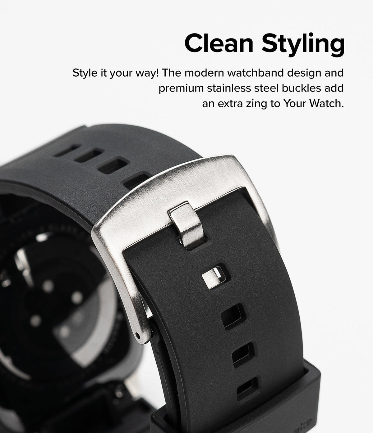 Apple Watch 49·46·45·44·42mm | Rubber One Bold Band - Close-up of a black rubber watch band with a brushed steel buckle.