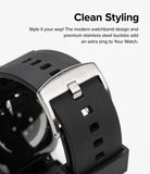 Apple Watch 49·46·45·44·42mm | Rubber One Bold Band - Close-up of a black rubber watch band with a brushed steel buckle.