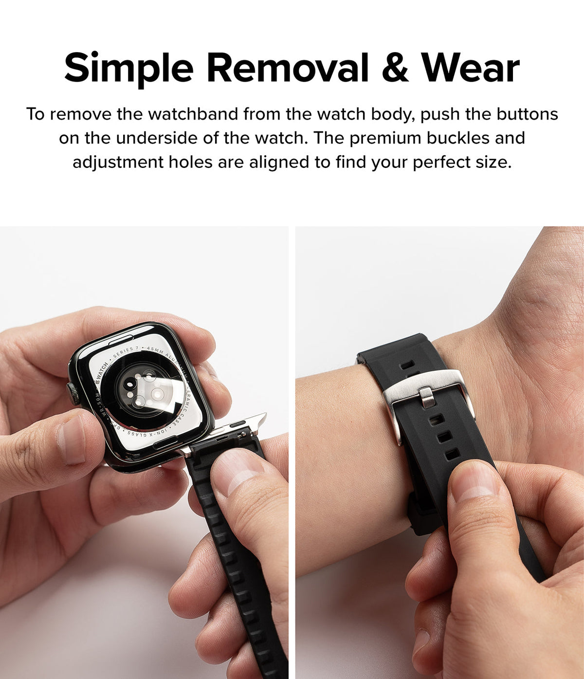 Apple Watch 49·46·45·44·42mm | Rubber One Bold Band - Hands detaching a black watch band and fastening the buckle.