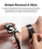 Apple Watch 49·46·45·44·42mm | Rubber One Bold Band - Hands detaching a black watch band and fastening the buckle.