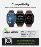 Apple Watch - Compatibility chart for Apple Watch showing three Apple Watch models with different strap colors and sizes, plus a size reference guide for Apple Watch Ultra, Series 12/11/10, Series 9/8/7/6/SE 3/2/1, and a link to find your Apple Watch size.