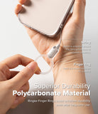 Buckle Finger Ring Strap - A hand holding a phone with a clear polycarbonate finger ring strap attached by a durable cord.