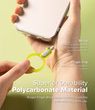 Buckle Finger Ring Strap - Hand holding a phone with a neon yellow polycarbonate finger ring strap attached by a nylon cord.
