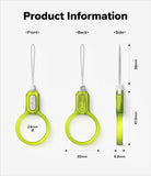 Buckle Finger Ring Strap - Technical diagram showing front, back, and side views of a lime green ring strap with dimensions.