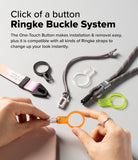 Buckle Finger Ring Strap - Hands attaching an orange ring buckle to a strap, with various colorful ring accessories nearby.