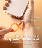 Buckle Finger Ring Strap - Hand holding a phone with an orange polycarbonate finger ring strap attached via a nylon cord.
