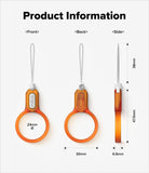 Buckle Finger Ring Strap - Technical diagram showing front, back, and side views of an orange ring strap with dimensions.
