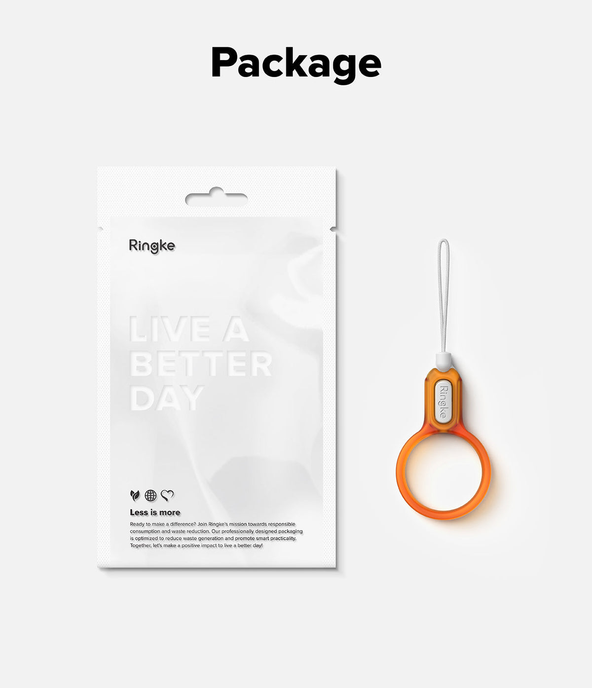 Buckle Finger Ring Strap - An orange Ringke finger ring strap next to its white eco-friendly product packaging.