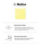 Buckle Finger Ring Strap - Instructional graphic showing strap protection stickers and how to apply them to a device.