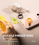 Buckle Finger Ring Strap - Colorful finger ring straps attached to a phone case, AirPods case, and held by a hand.