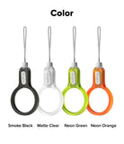 Buckle Finger Ring Strap - Four ring straps in smoke black, matte clear, neon green, and neon orange with white lanyards.