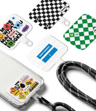 Ringke Strap Holder Link Design - Assorted colorful phone strap tabs with patterns and stickers, one attached to a phone case.