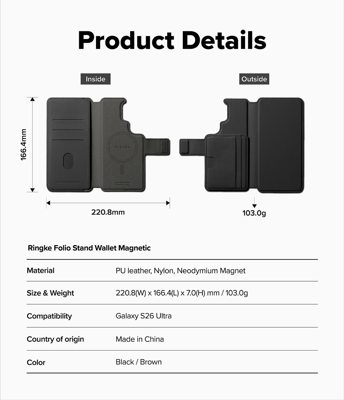 [Combo] Galaxy S26 Ultra | Folio Stand Wallet Magnetic + Onyx Magnetic - Technical diagram showing dimensions and features.