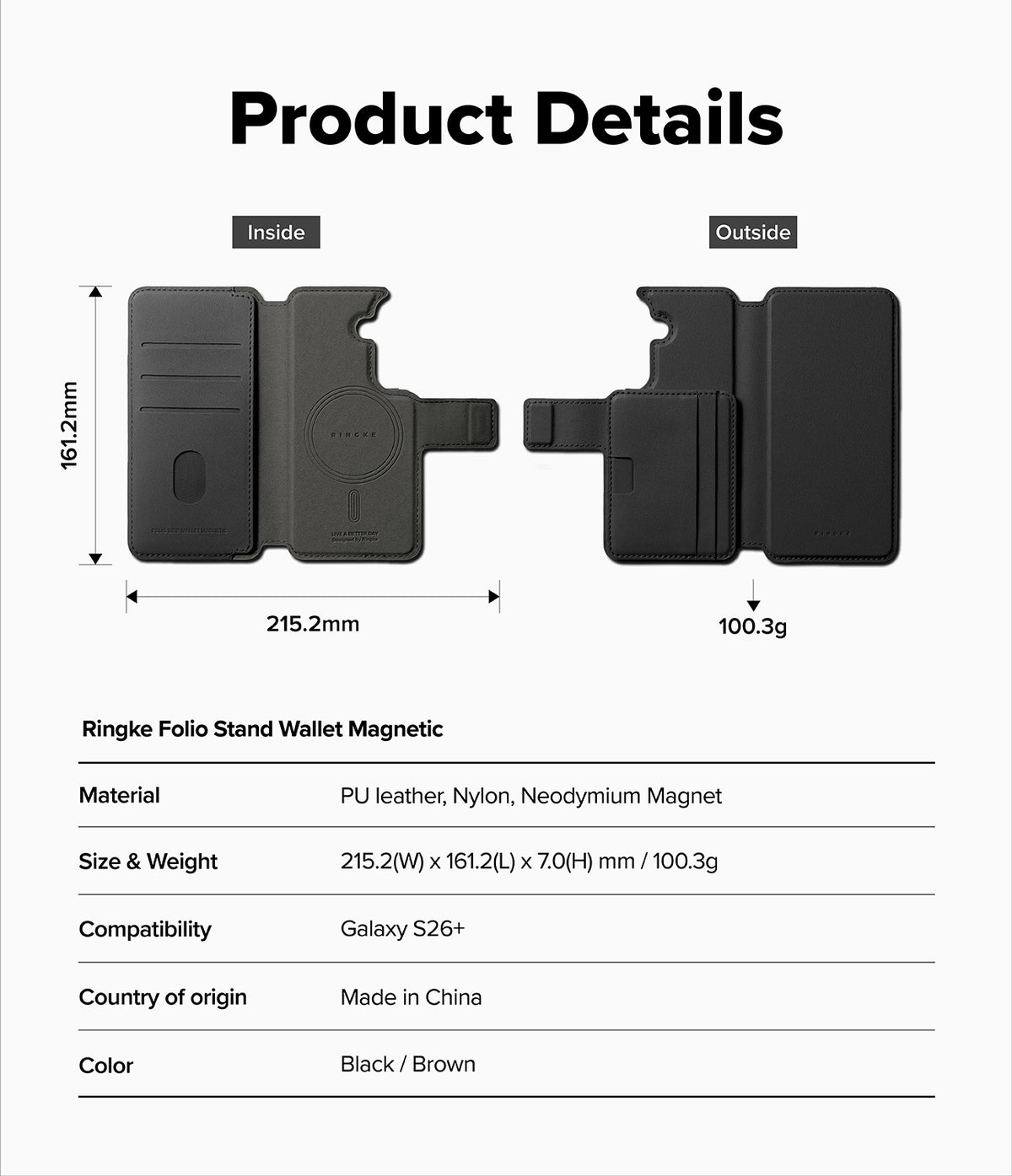 [Combo] Galaxy S26 Plus | Folio Stand Wallet Magnetic + Onyx Magnetic - Galaxy S26 Plus Folio Stand Wallet - Technical diagram showing inside and outside views, dimensions, and specifications.