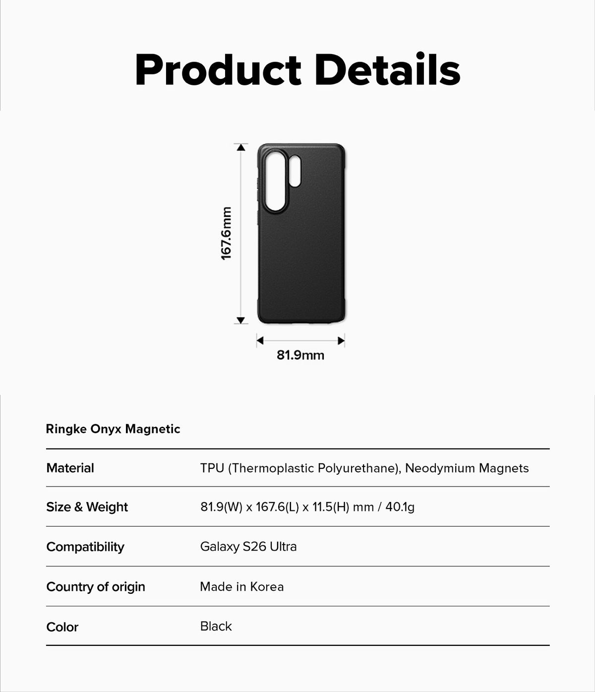 [Combo] Galaxy S26 Ultra | Folio Stand Wallet Magnetic + Onyx Magnetic - Technical specifications and dimensions of case.