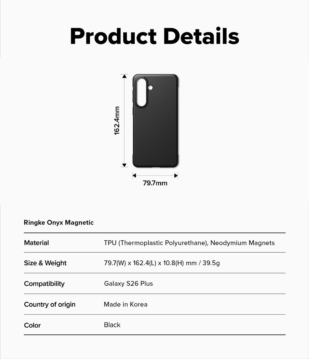 [Combo] Galaxy S26 Plus | Folio Stand Wallet Magnetic + Onyx Magnetic - Galaxy S26 Plus - Technical specifications and dimensions diagram for the black Ringke Onyx Magnetic phone case.