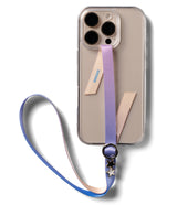 Band Buckle Circle Type Strap - Lavender and blue fabric phone strap with a metal ring and star charms on a clear case.