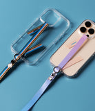Band Buckle Circle Type Strap - Two clear phone cases with colorful fabric straps featuring metal ring buckles and charms.