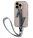 Band Buckle Circle Type Strap - Smartphone in a clear case attached to a blue striped fabric lanyard with metal heart charms.