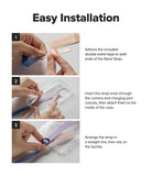Band Buckle Circle Type Strap - Three-step visual guide showing how to attach a phone strap to a clear case using adhesive.