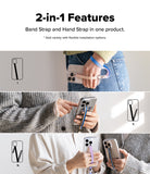 Band Buckle Circle Type Strap - Three panels showing phone straps used as hand loops or finger bands with various configurations.