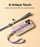 Band Buckle Circle Type Strap - A phone case with a purple strap and decorative star and heart pins on a colorful lanyard.