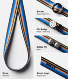 Band Buckle Circle Type Strap - Multi-colored striped polyester strap with buckle, heart pins, safety pins, and Ringke logo.
