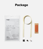 Band Buckle Rectangle Type Strap - Ringke eco-friendly packaging, cream fabric strap, orange adhesive, and three small decorative buckles.