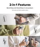 Band Buckle Rectangle Type Strap - Three panels showing phone cases with versatile blue and cream strap configurations.