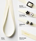 Band Buckle Rectangle Type Strap - Cream polyester strap with nickel buckle, flower pins, safety pins, and Ringke logo.