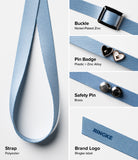 Band Buckle Rectangle Type Strap - Blue polyester strap featuring a nickel buckle, heart pins, safety pins, and logo.