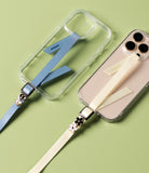 Band Buckle Rectangle Type Strap - Two phone cases with blue and cream fabric straps featuring metal buckles and charms.