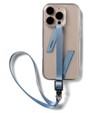 Band Buckle Rectangle Type Strap - Light blue ribbon phone strap with a metal buckle and heart charms attached to a clear case.