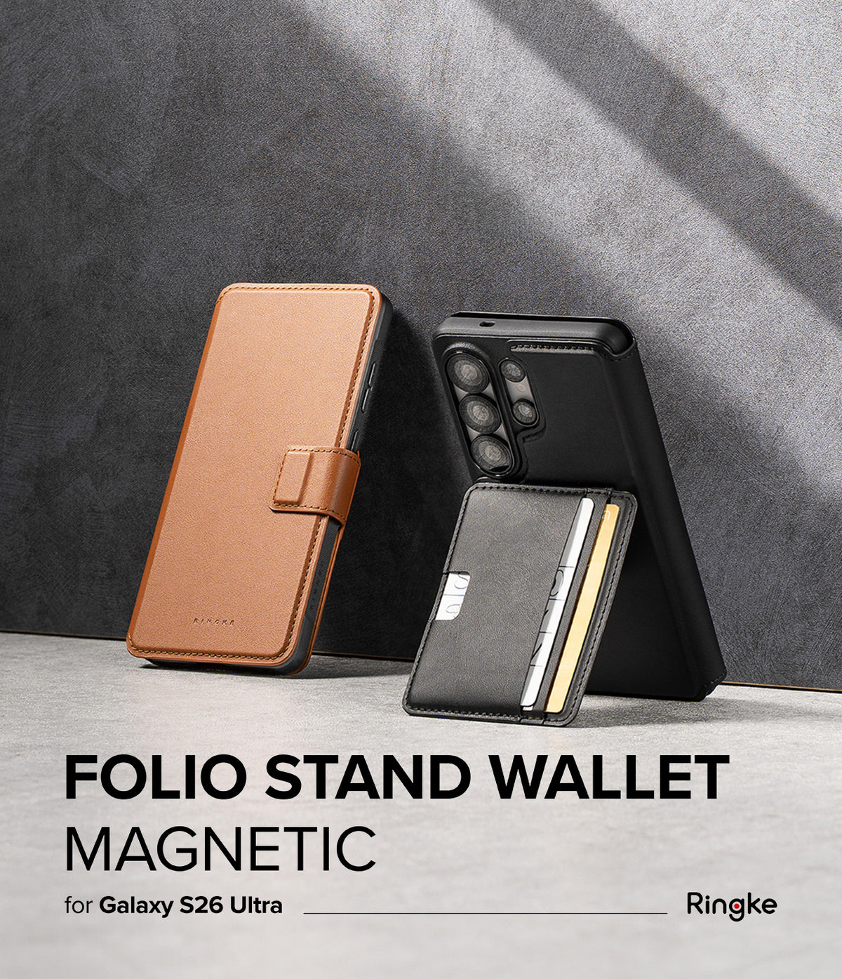 [Combo] Galaxy S26 Ultra | Folio Stand Wallet Magnetic + Onyx Magnetic - Brown folio case and black magnetic card holder.