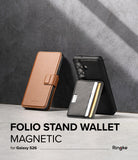 [Combo] Galaxy S26 | Folio Stand Wallet Magnetic + Onyx Magnetic - Brown leather folio case and black magnetic card holder.