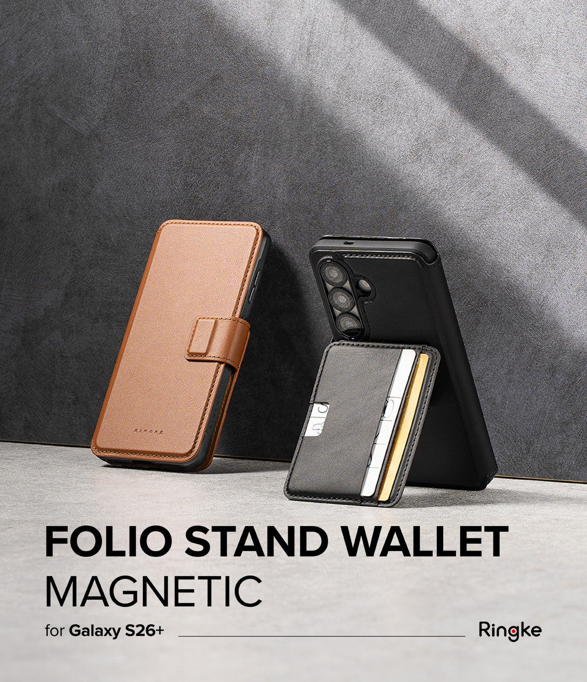 [Combo] Galaxy S26 Plus | Folio Stand Wallet Magnetic + Onyx Magnetic - Brown leather folio case and black phone with magnetic card holder.