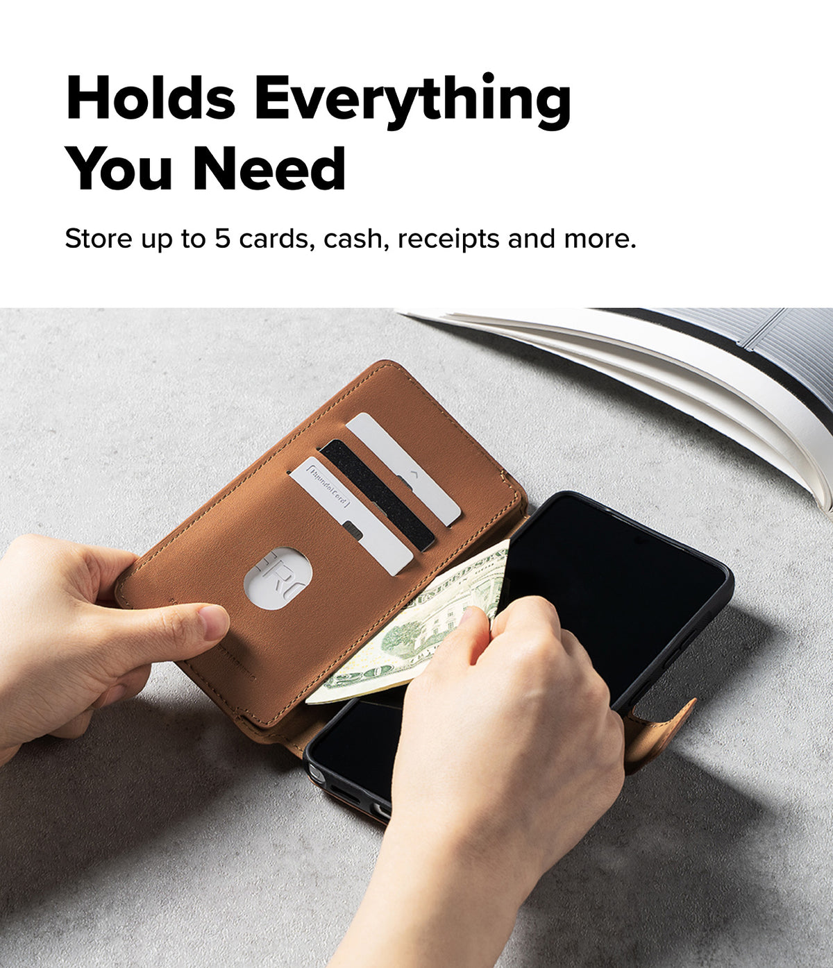 [Combo] Galaxy S26 Ultra | Folio Stand Wallet Magnetic + Onyx Magnetic - Hands inserting cash into a tan leather wallet case.