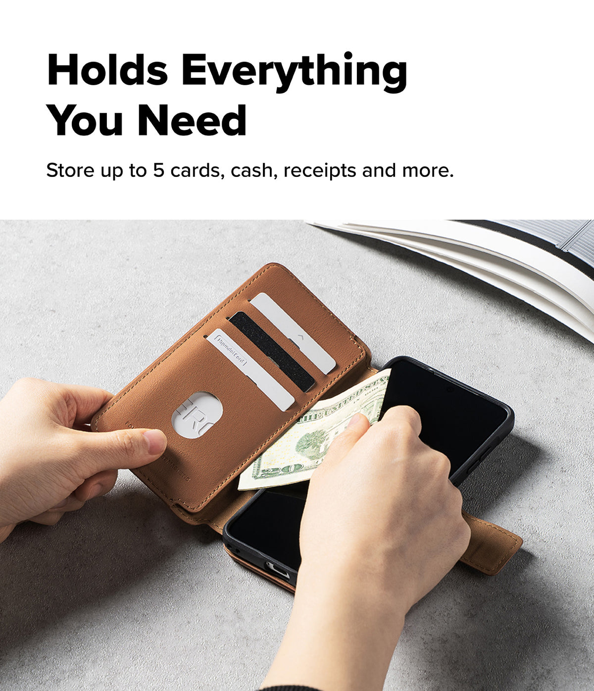[Combo] Galaxy S26 Plus | Folio Stand Wallet Magnetic + Onyx Magnetic - Hands inserting cash into a tan leather wallet case.
