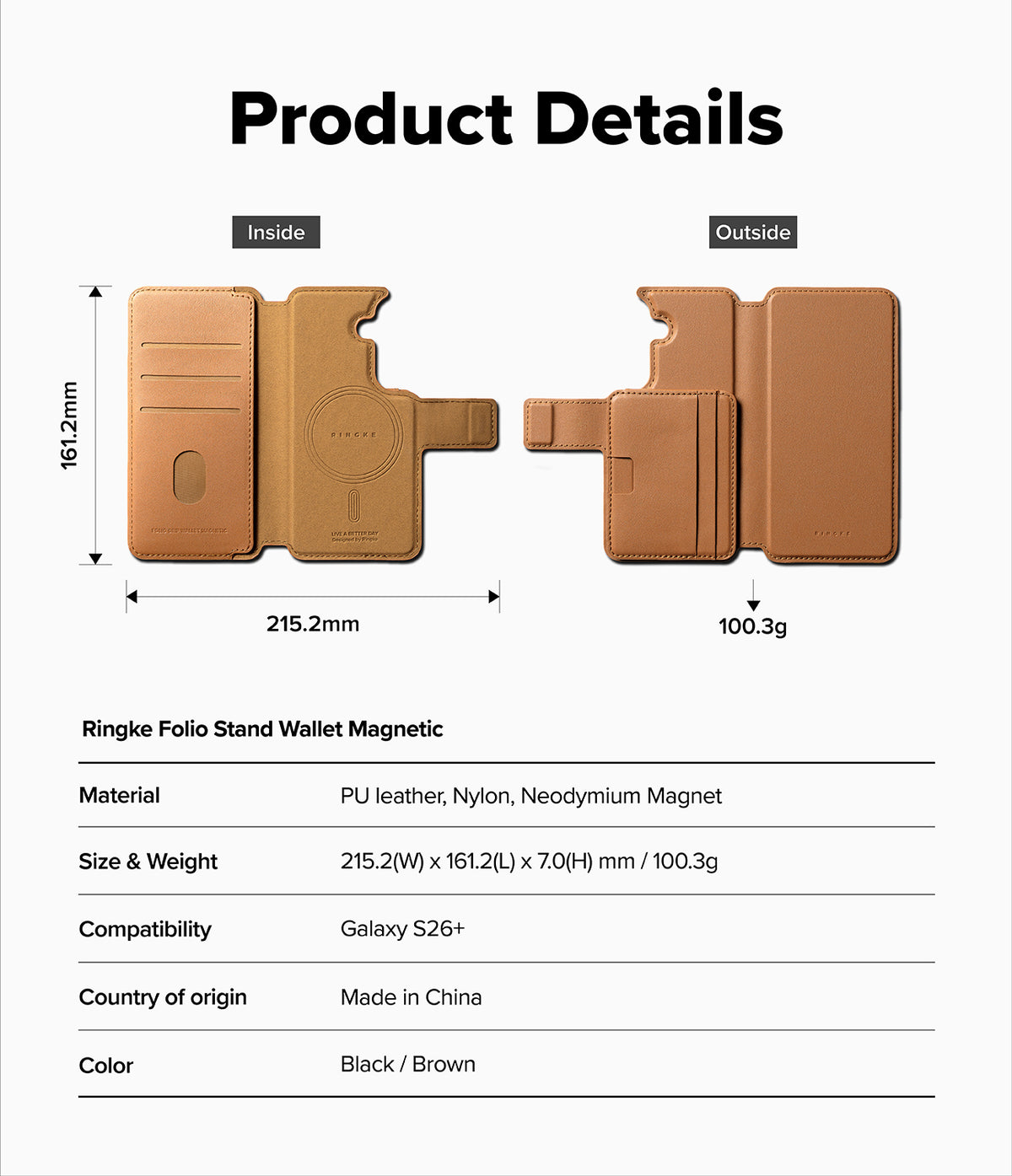 [Combo] Galaxy S26 Plus | Folio Stand Wallet Magnetic + Onyx Magnetic - Technical diagram showing dimensions and specs of a tan leather folio phone case.
