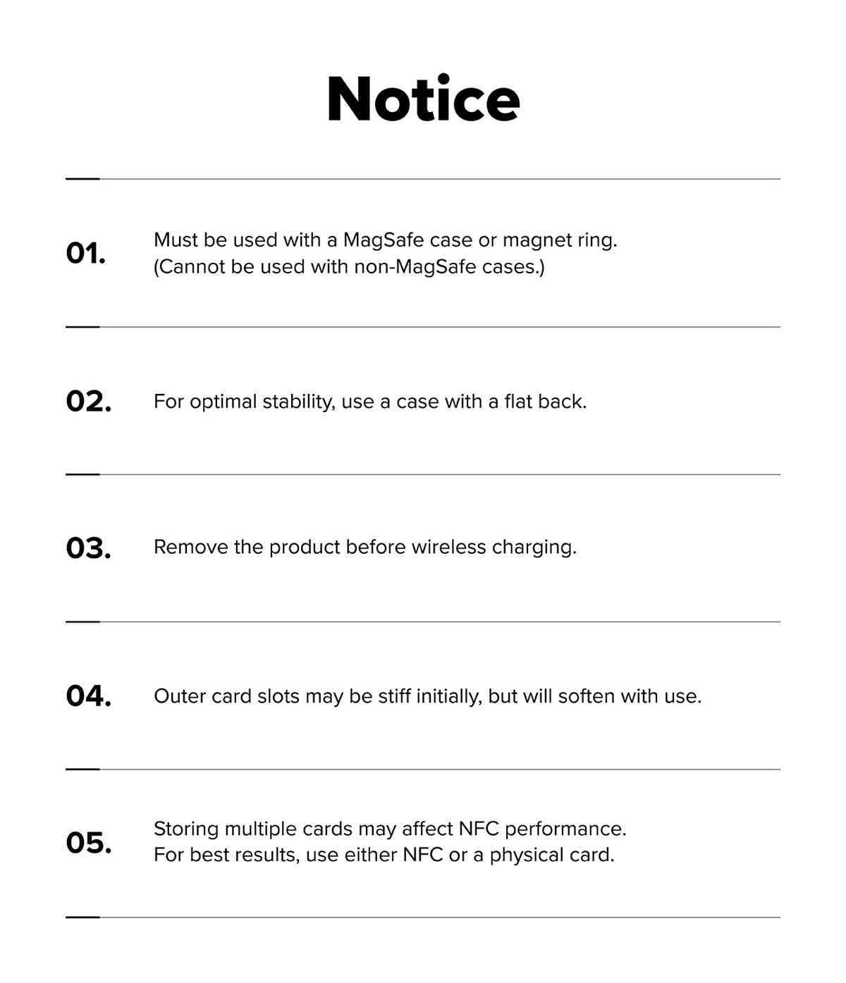 [Combo] Galaxy S26 Plus | Folio Stand Wallet Magnetic + Onyx Magnetic - A numbered list of five usage notices for a magnetic phone wallet.