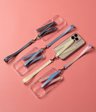 Band D Ring Hand Hook Strap - Four clear phone cases with colorful fabric wrist straps and metal D-ring hooks on a pink background.