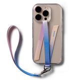 Band D Ring Hand Hook Strap - A gradient purple to blue fabric hand strap attached to a clear phone case via a metal D-ring.