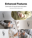 Band D Ring Hand Hook Strap - Three panels showing phone cases with various D-ring and hand strap configurations for carrying.